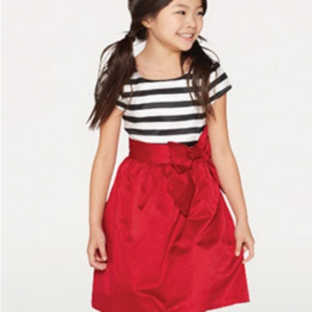Christmas Holiday Short Sleeve Satin Black White Striped Olivia Dress w Red Bow